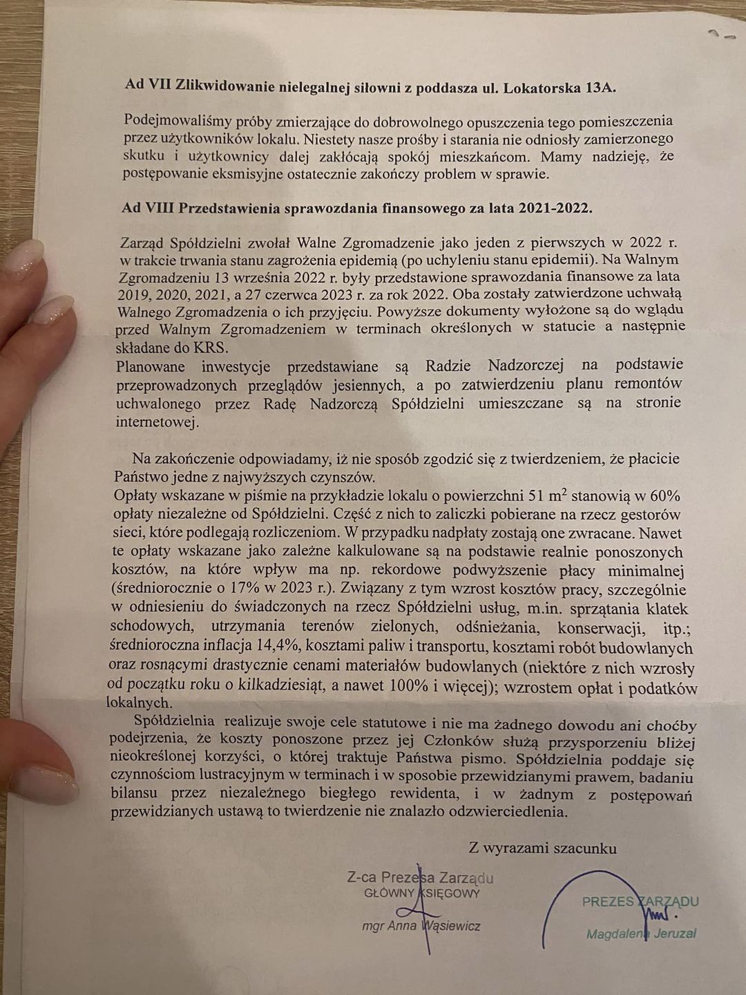 Odpowiedź Spółdzielni na wniosek mieszkańców