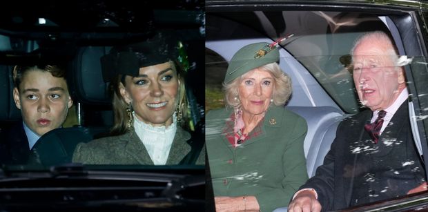 Uśmiechnięta Kate jedzie z rodziną królewską do kościoła na kilka dni przed powrotem księcia Harry'ego i Meghan do Wielkiej Brytanii (ZDJĘCIA)