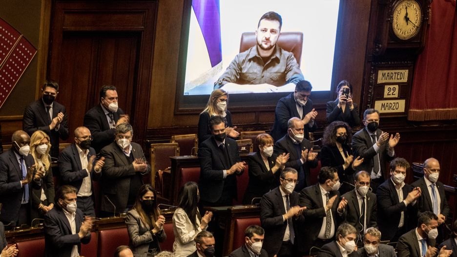 ROME, ITALY - MARCH 22: Ukrainian President Volodymyr Zelensky addresses the Italian Parliament via live video from the embattled city of Kyiv on March 22, 2022 in Rome, Italy. The Ukrainian president has been on a virtual world tour in recent weeks, addressing foreign lawmakers to seek their countries' support in defending Ukraine against Russia's invasion. (Photo by Alessandra Benedetti - Corbis/Corbis via Getty Images)