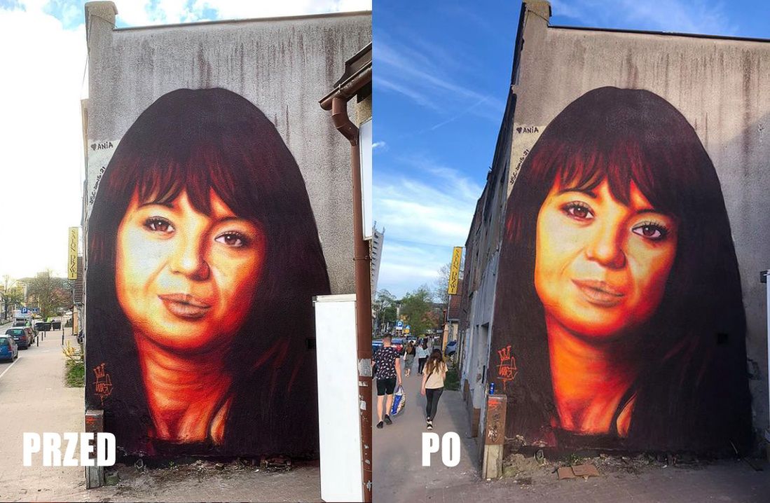 Mural z Anną Przybylską przed i po poprawkach