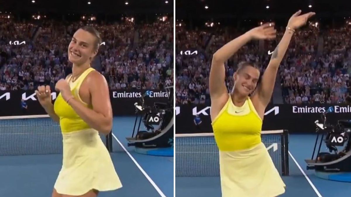 Twitter / x.com/eurosport / Na zdjęciu: Aryna Sabalenka tańczy na korcie w Melbourne