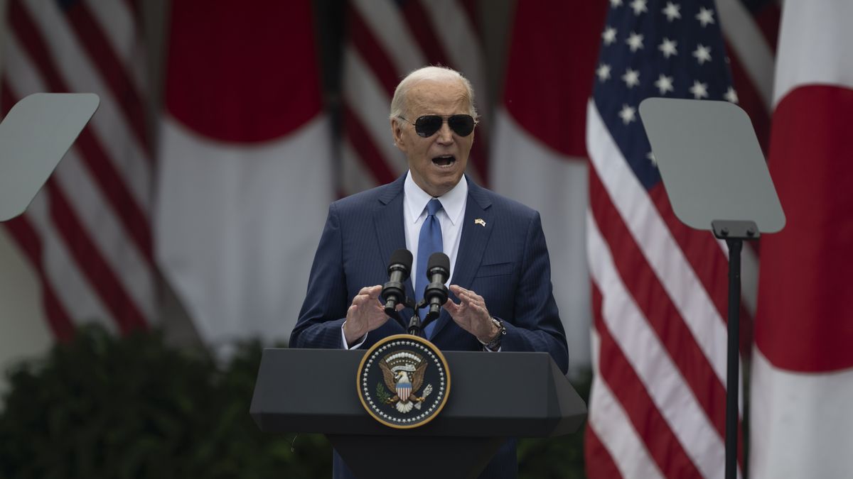 WASHINGTON D.C., UNITED STATES - APRIL 10: U.S. President Joe Biden and Japanese Prime Minister Fumio Kishida hold a joint press conference in the Rose Garden at the White House in Washington, D.C., United States on April 10, 2024. (Photo by Celal Gunes/Anadolu via Getty Images)
