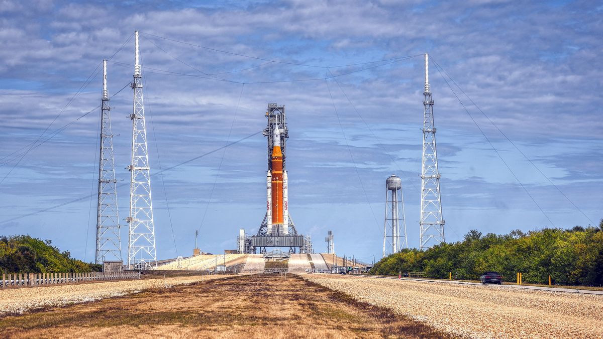 Artemis II: the Space Launch System rocket and Orion spacecraft at Launch Pad 39B, on Friday, Jan. 30, 2026. (Ricardo Ramirez Buxeda/Orlando Sentinel/Tribune News Service via Getty Images)
