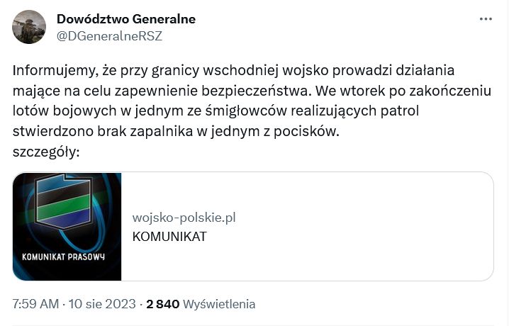 DG RSZ poinformowało o zagubionym zapalniku do pocisku rakietowego