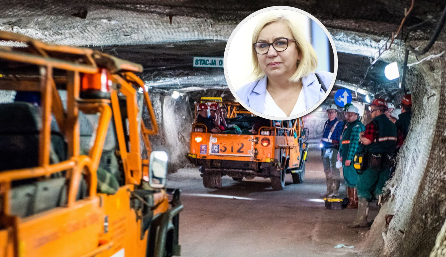 Na zdjęciu szefowa resortu klimatu Paulina Hennig-Kloska i wnętrze kopalni KGHM Polkowice-Sieroszowice, w której wydobywa się miedź - surowiec, którego poszukiwania będą miały wysoki priorytet
