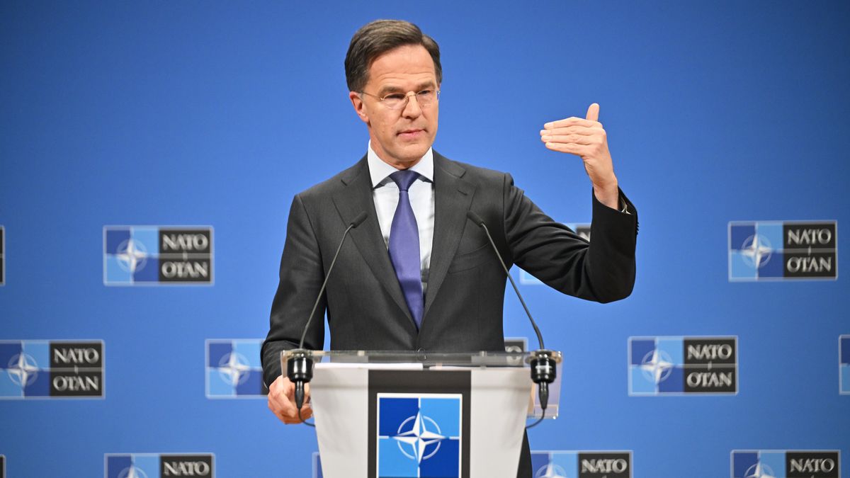 BRUSSELS, BELGIUM - FEBRUARY 13: NATO Secretary General Mark Rutte speaks at a press conference during the NATO Defense Ministers' Meeting at NATO Headquarters in Brussels, Belgium on February 13, 2025. (Photo by Dursun Aydemir/Anadolu via Getty Images)