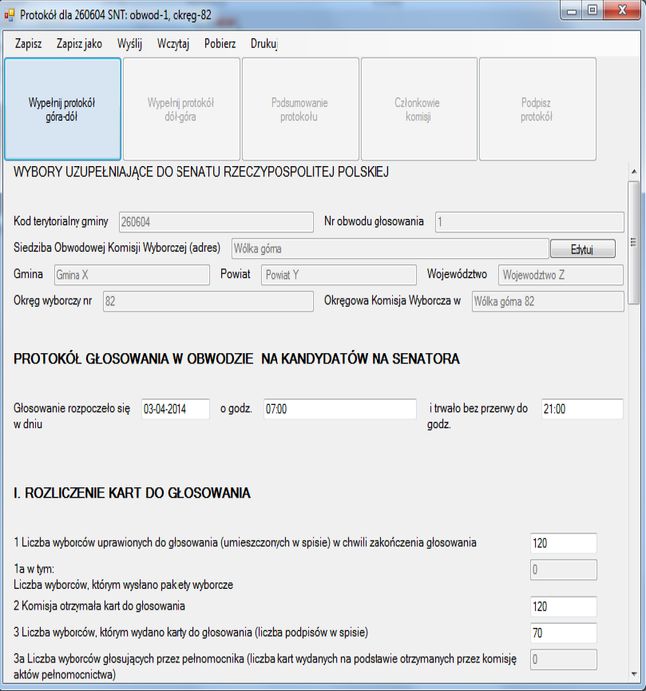 Wprowadzanie danych wyborczych w kalkulatorze firmy Nabino - obraz również pobrany z oficjalnej instrukcji obsługi tego programu.