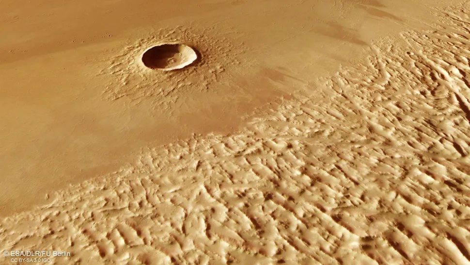 Odwzorowanie terenów wokół Olympus Mons na podstawie zdjęć dostarczonych przez Mars Express.