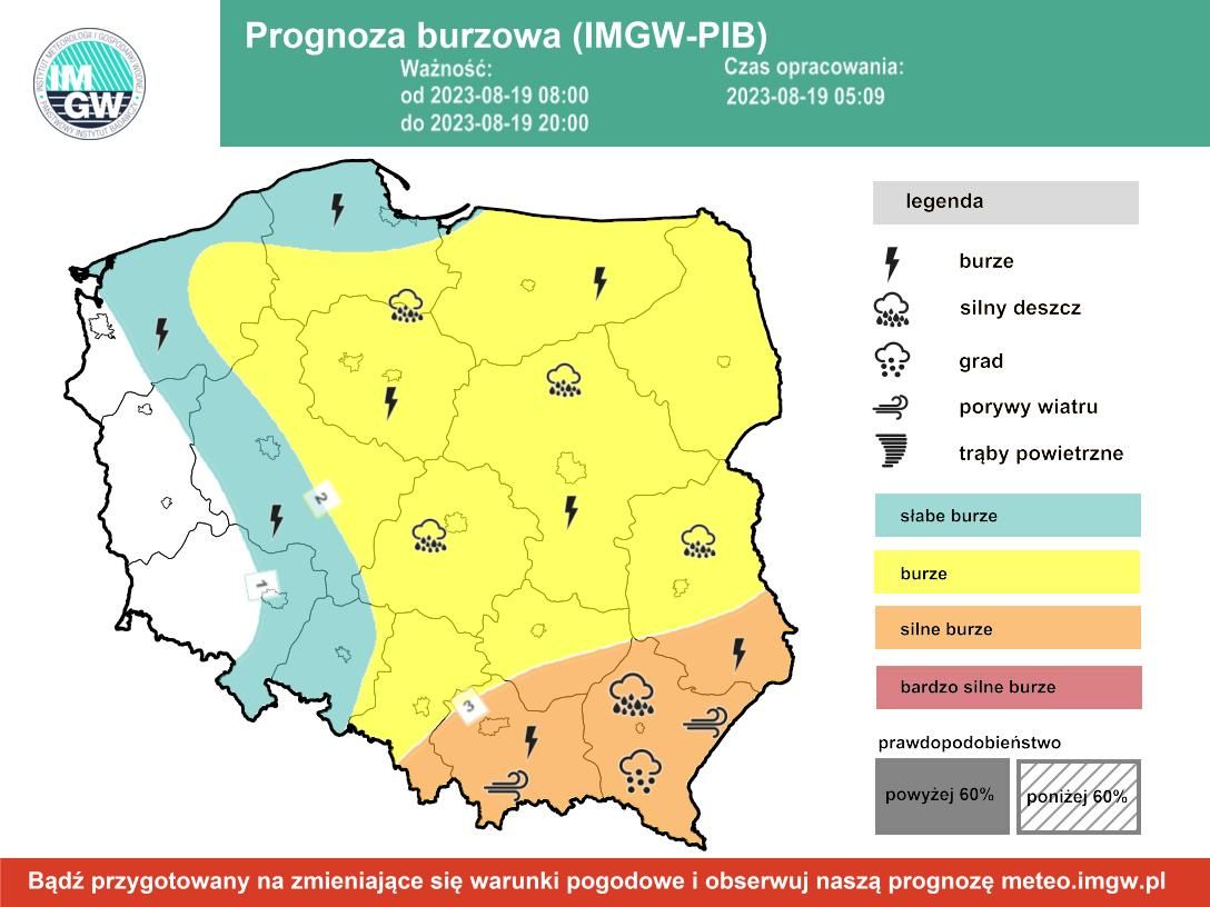 Prognoza burzowa IMGW na sobotę, 19 sierpnia