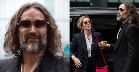 Oskarżony o gwałty Russell Brand w sądzie  PADŁ NA KOLANA: "Czuję się BŁOGOSŁAWIONY". Komik dotarł na rozprawę w obecności ŻONY (ZDJĘCIA)