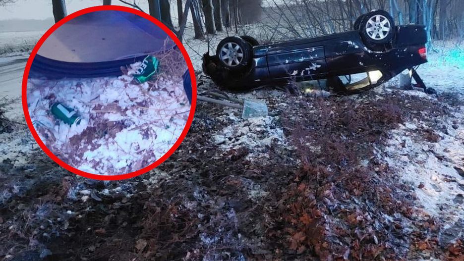 Bmw dachowało. Z auta po wypadku wysypały się puszki po piwie