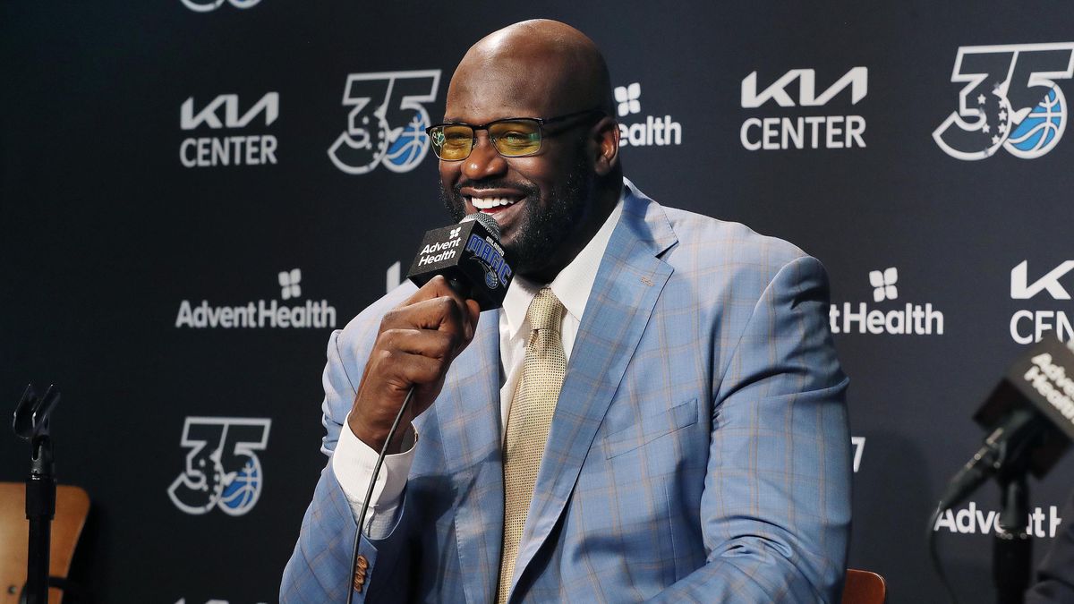 Shaquille O'Neal smiles during a news conference on Feb. 13, 2023, in Orlando, Florida. Icy Hot has used the retired NBA star's celebrity to sell its products. (Stephen M. Dowell/Orlando Sentinel/Tribune News Service via Getty Images)