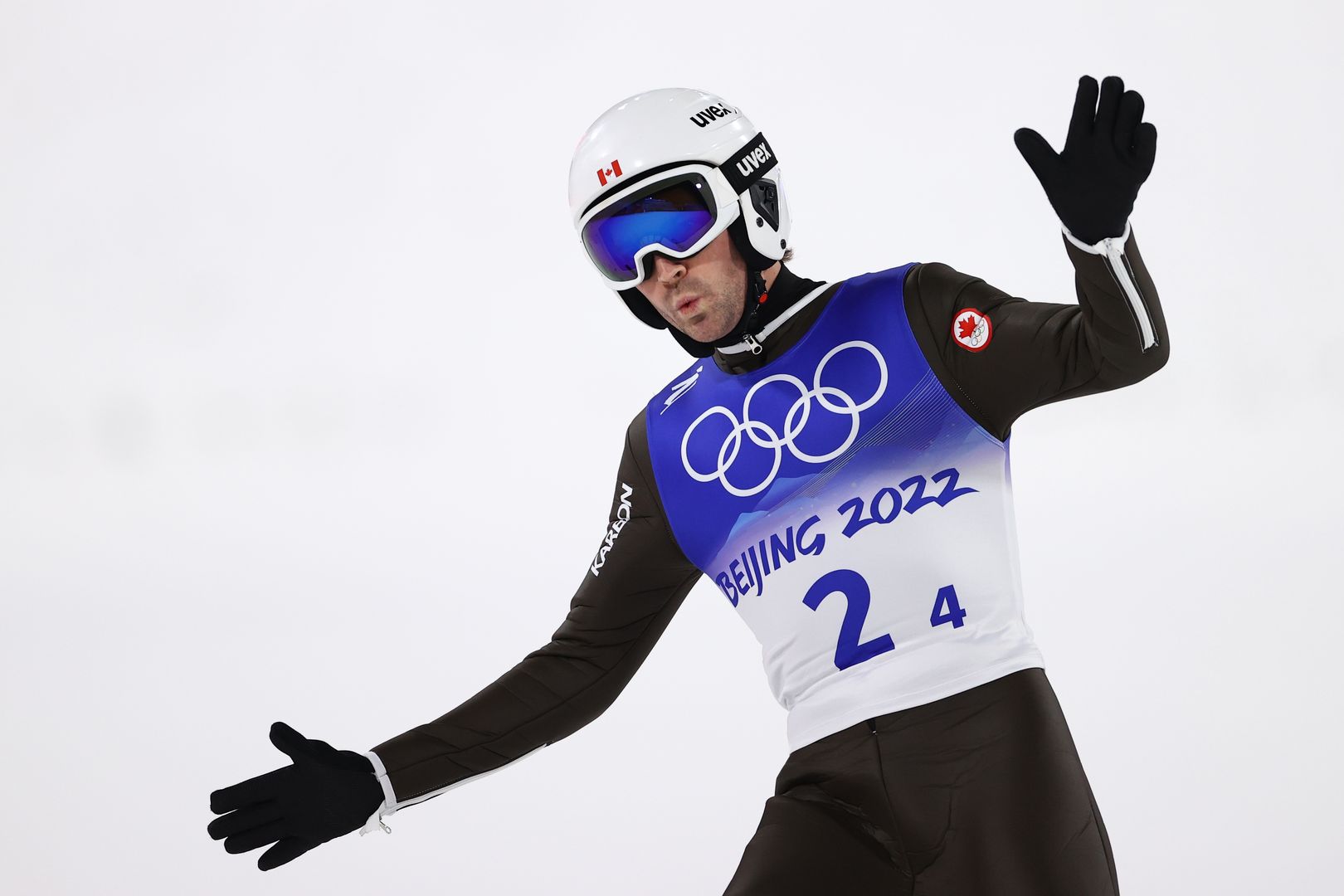 ZHANGJIAKOU, CHINA - FEBRUARY 07: Mackenzie Boyd-Clowes of Team Canada reacts after jumping during Mixed Team Ski Jumping Final Round at National Ski Jumping Centre on February 07, 2022 in Zhangjiakou, China (Photo by Cameron Spencer/Getty Images)