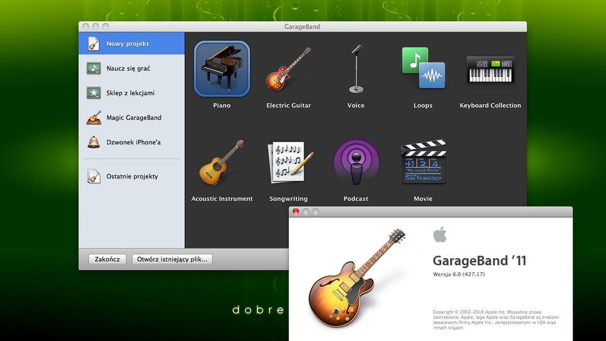 GarageBand - okno startowe programu