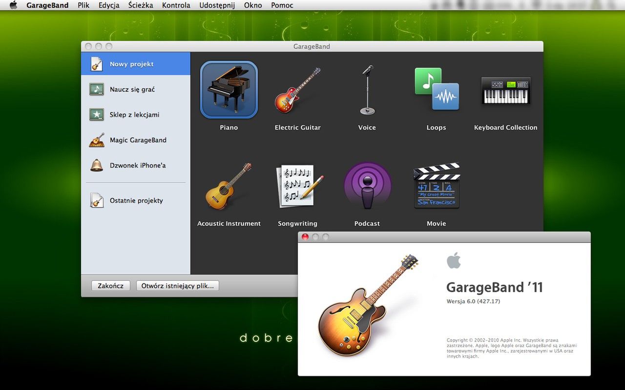 GarageBand - okno startowe programu