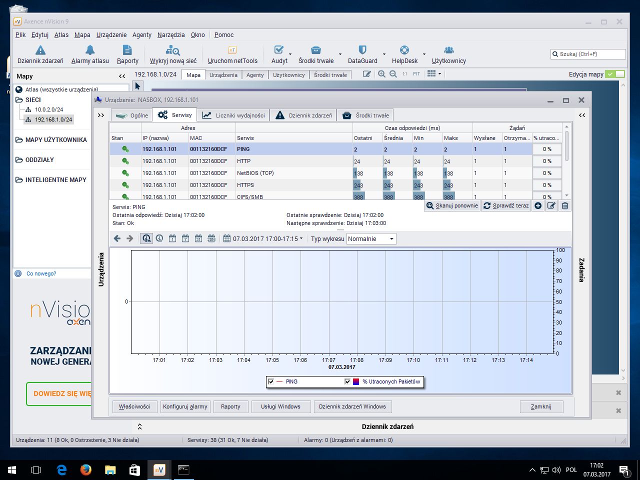 Śledzenie stanu usług w module sieciowym