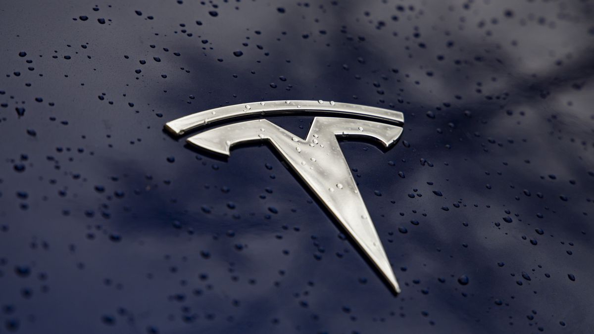 A logo of the company Tesla on a car with rain droplets in Berlin, Germany on March 24, 2023. (Photo by Emmanuele Contini/NurPhoto via Getty Images)
