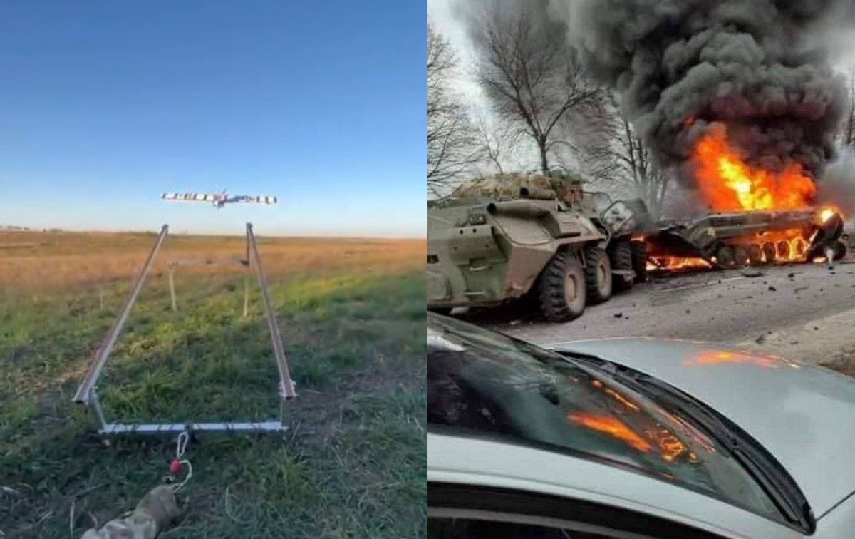 Na zdjęciu po lewej kadr z kartonowym dronem, po prawej zdjęcie ilustracyjne - zniszczona kolumna wojsk Rosji w Ukrainie