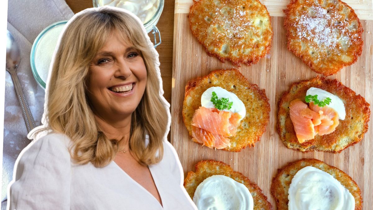 Ewa Wachowicz podaje placki ziemniaczane z wędzonym łososiem