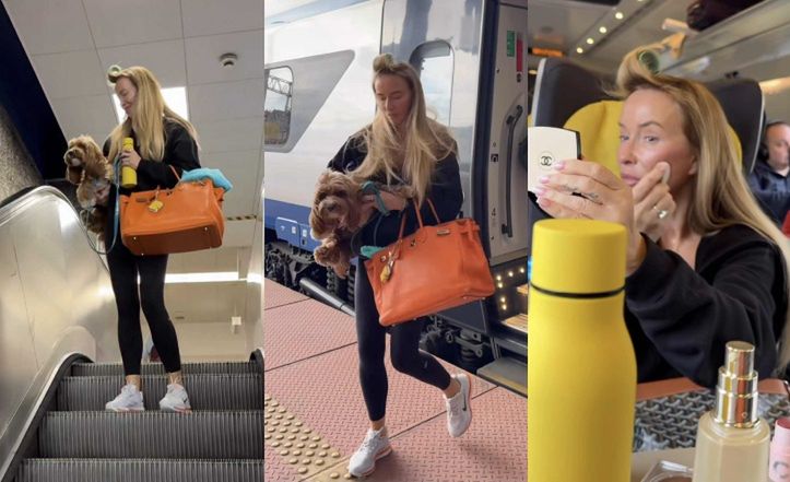 Wyposażona w drogocenną torbę Joanna Przetakiewicz podróżuje PKP