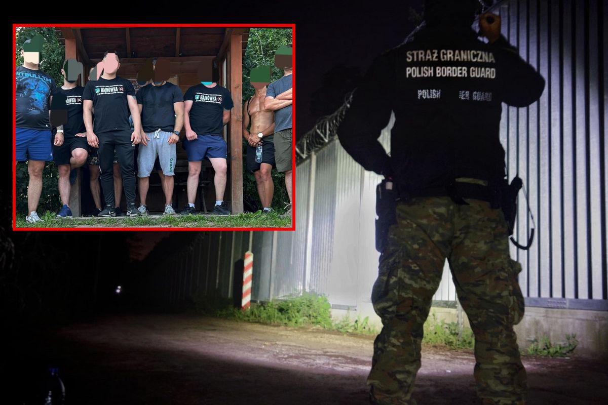 Kryzys na granicy z Białorusią. Na zdjęciu strażnik oraz grupa mężczyzn, którzy ogłosili, że również "patrolują" granicę