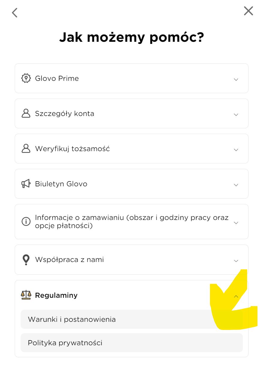 Glovo: kontakt pokazuje błąd