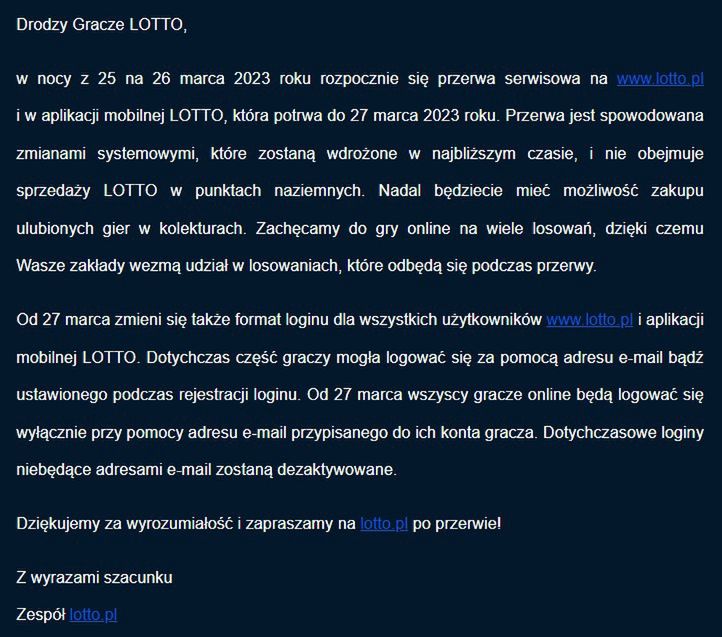 Komunikat Lotto rozsyłany pocztą e-mail do graczy