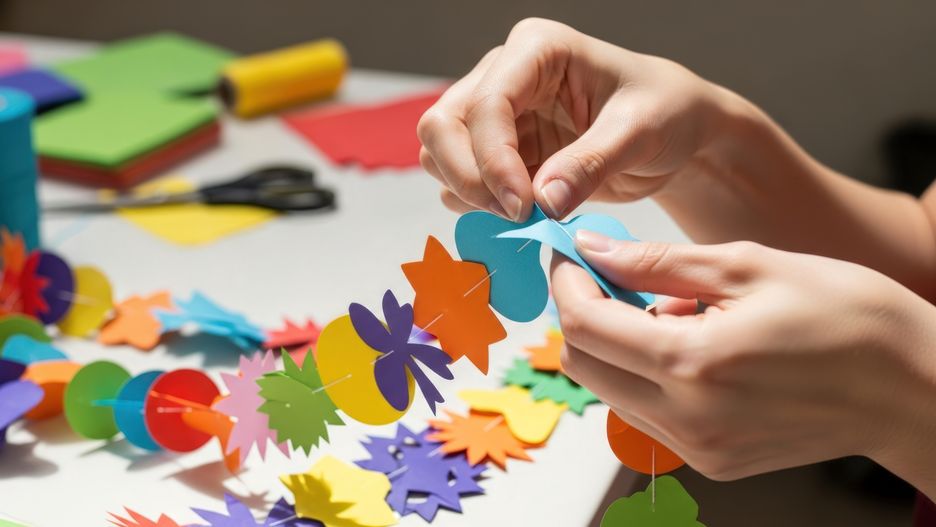 woman, hands, crafting, paper, chain, garland, colorful, bright, colors, handmade, diy, craft, activity, hobby, leisure, creation, making, decor, decoration, party, celebration, festival, fun, creative, art, artist, scissors, table, work, process, details, close-up, focus, shapes, flowers, stars, patterns, design, texture, material, paperwork, cutting, gluing, assembling, linking, connecting, string, thread, ribbon
