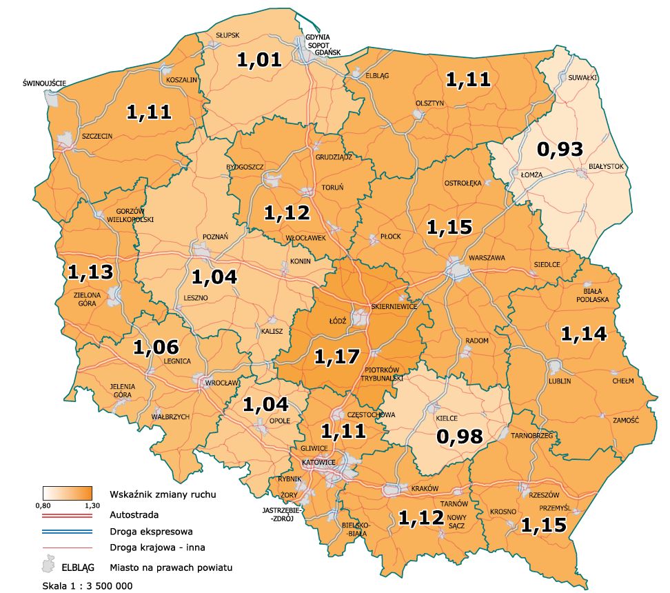 Zmiana natężenia ruchu w regionach względem GPR 2020/2021