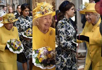 Żółta niczym wielkanocny kurczaczek królowa Elżbieta rozdaje jałmużnę w towarzystwie wnuczki Eugenii