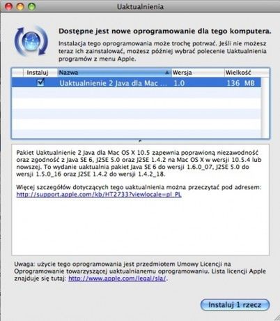 Aktualizacja Javy dla Mac OS X 10.5 1
