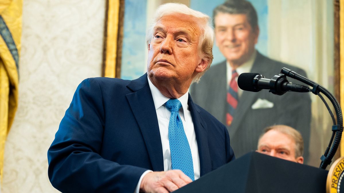 WASHINGTON, DC  April 22, 2025:US President Donald Trump answers questions during the swearing in of Paul Atkins as Chairman of the Securities and Exchange Commission (SEC) in the Oval Office of the White House on Tuesday April 22, 2025.(Photo by Demetrius Freeman/The Washington Post via Getty Images)