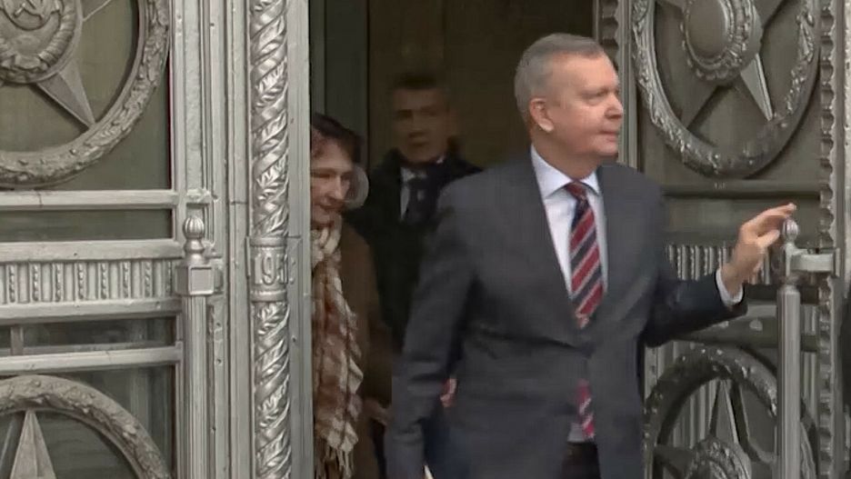 TemporaryIn this handout photo taken from video released by Russian Foreign Ministry Press Service, Ambassador to Russian Federation Margus Laidre leaves the Russian Foreign Ministry's building in Moscow, Russia, Monday, Jan. 23, 2023. Russia is expelling Estonia's ambassador and the country's diplomatic mission will be headed by a charge d'affaires, the Russian Foreign Ministry said Monday. Estonian Ambassador Margus Laidre was ordered to leave the country by Feb. 7, the ministry said. (Russian Foreign Ministry Press Service via AP)