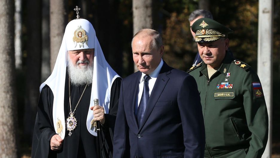 Russian President Vladimir Putin visits the Patriot Expo ParkKUBINBKA, RUSSIA - SEPTEMBER 19: (RUSSIA OUT) Russian President Vladimir Putin (C), Defence Minister Sergei Shoigu (L) and Orthodox Patriarch Kirill (L) attend in blessing of a founding stone of new main Russian Army cathedral in the Patriot Expo Park in Kubinka, 50 km. southwest of Moscow, Russia, September,19,2018. Putin said on Tuesday, that the downing of a Russian military plane by Syrian air defenses was a result of "tragic chain of circumstances". (Photo by Mikhail Svetlov/Getty ImageMikhail Svetlov
