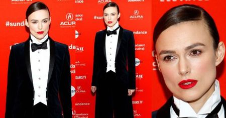 Keira Knightley w garniturze promuje nowy film
