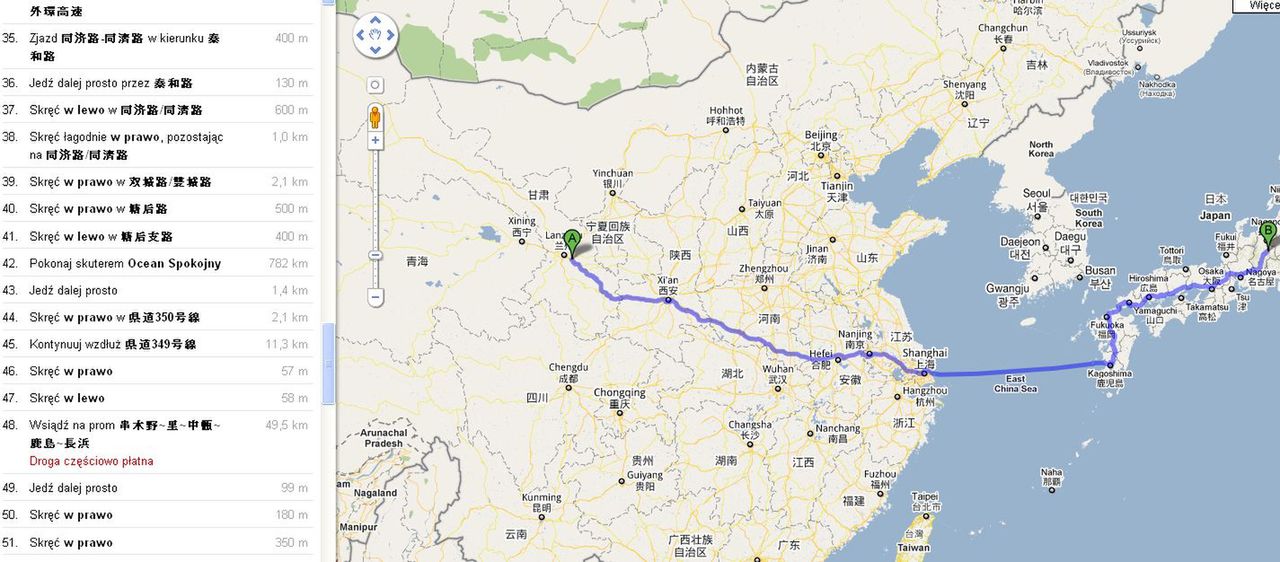 Google Maps - z Chin do Japonii