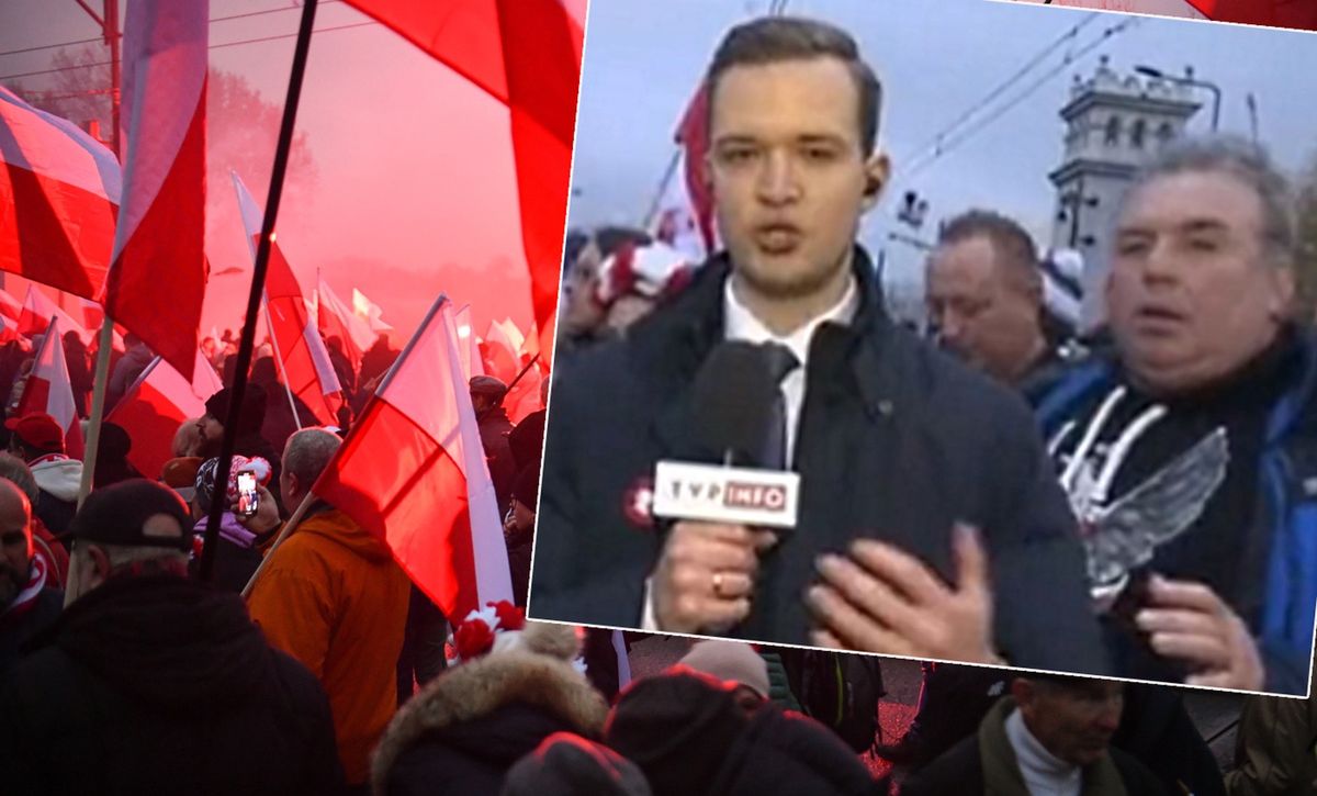 Marsza Niepodległości w Warszawie. Przypadkowy przechodzień zaczął mówić do mikrofonu, pokazali go w TVP Info