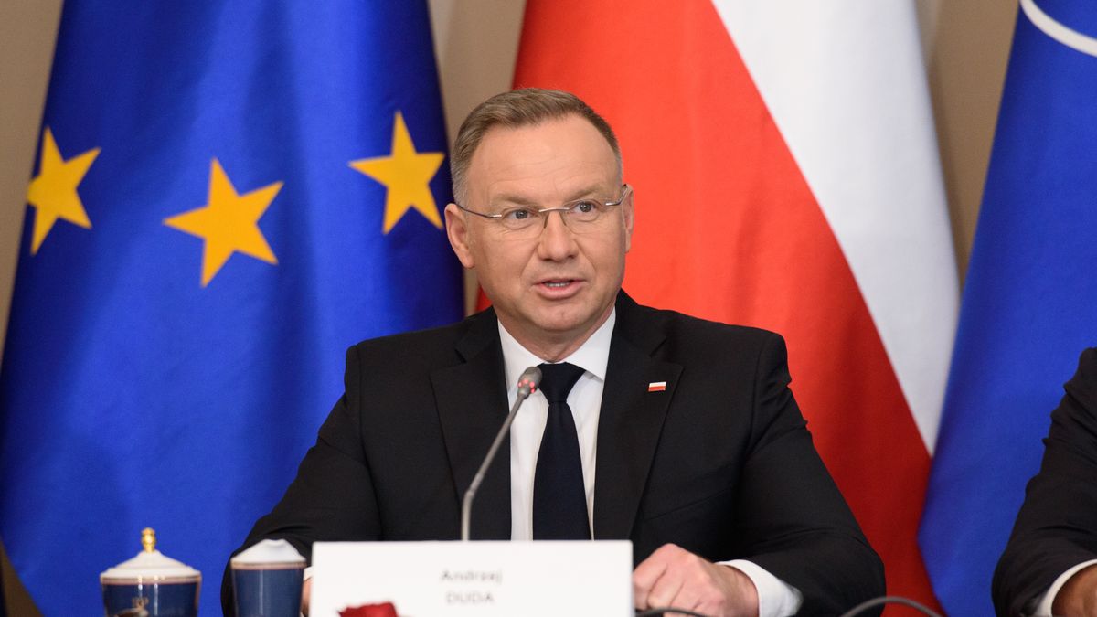 Poland's President Andrzej Duda is holding a speech before the National Security Council gathering in Warsaw, Poland, on July 8, 2024. The President of Poland is holding a meeting with the National Security Council ahead of his flight to Washington, U.S., for the NATO summit that marks the 75th alliance's anniversary. (Photo by Aleksander Kalka/NurPhoto via Getty Images)