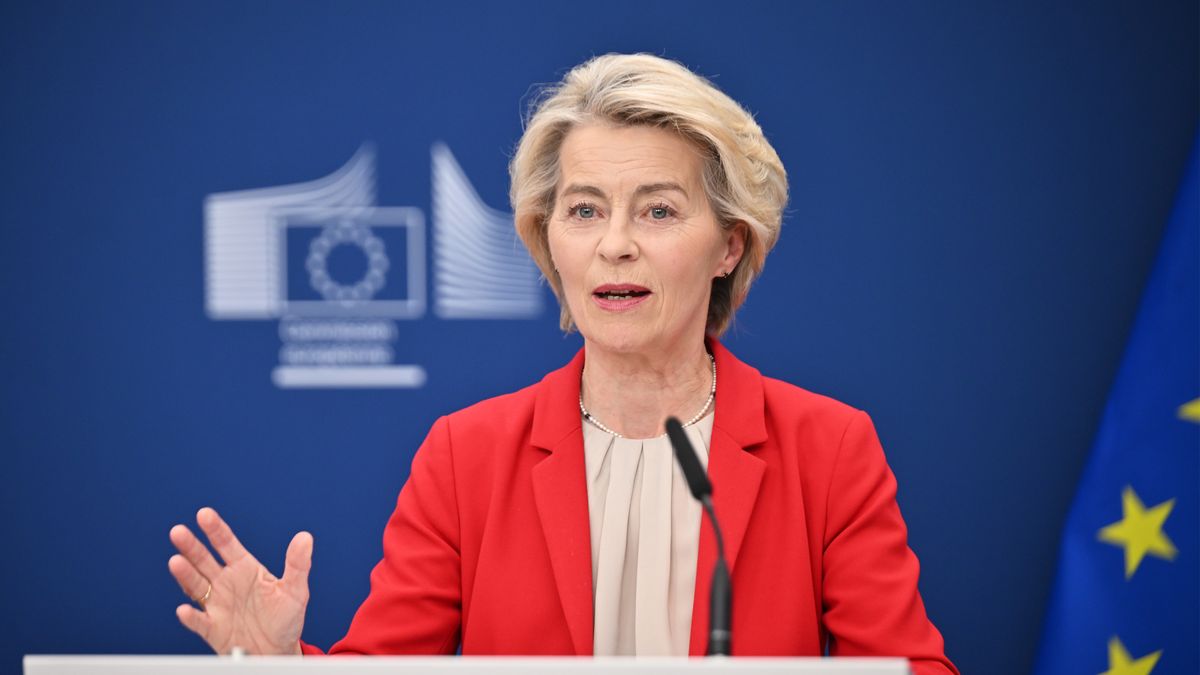 BRUSSELS, BELGIUM - JUNE 10: EU Commission President Ursula von der Leyen and EU High Representative for Foreign Affairs and Security Policy Kaja Kallas (not seen) speak during a joint press conference on the 18th sanctions package against Russia in Brussels, Belgium on June 10, 2025. (Photo by Dursun Aydemir/Anadolu via Getty Images)