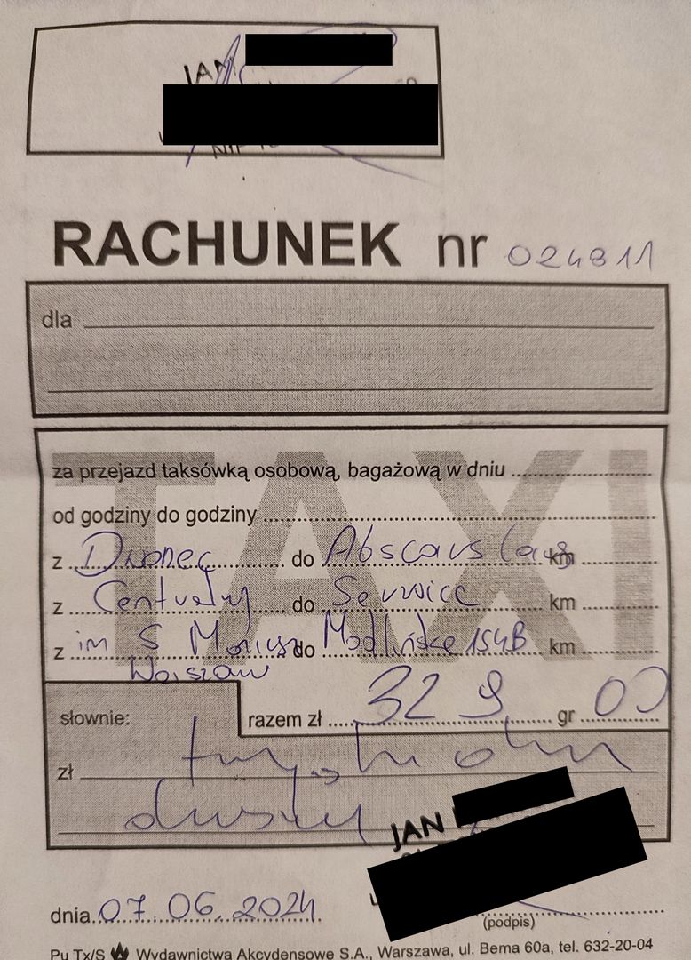 Rachunek, który pasażer otrzymał od taksówkarza