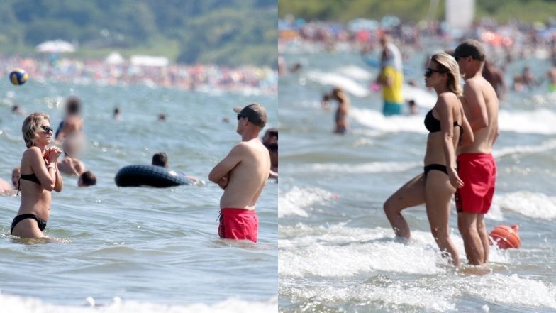 Marcin Mroczek wymienia czułości z żoną na sopockiej plaży