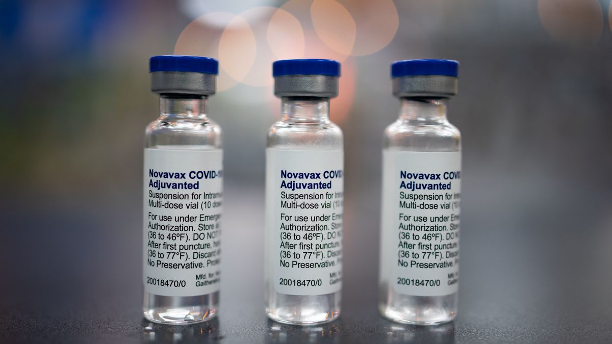 Vials of Novavax Covid-19 vaccines arranged at a pharmacy in Schwenksville, Pennsylvania, US, on Monday, Aug. 1, 2022. Novavax's protein-based Covid-19 vaccine received long-sought US emergency-use authorization in July, but use is likely to be limited. Photographer: Hannah Beier/Bloomberg via Getty Images