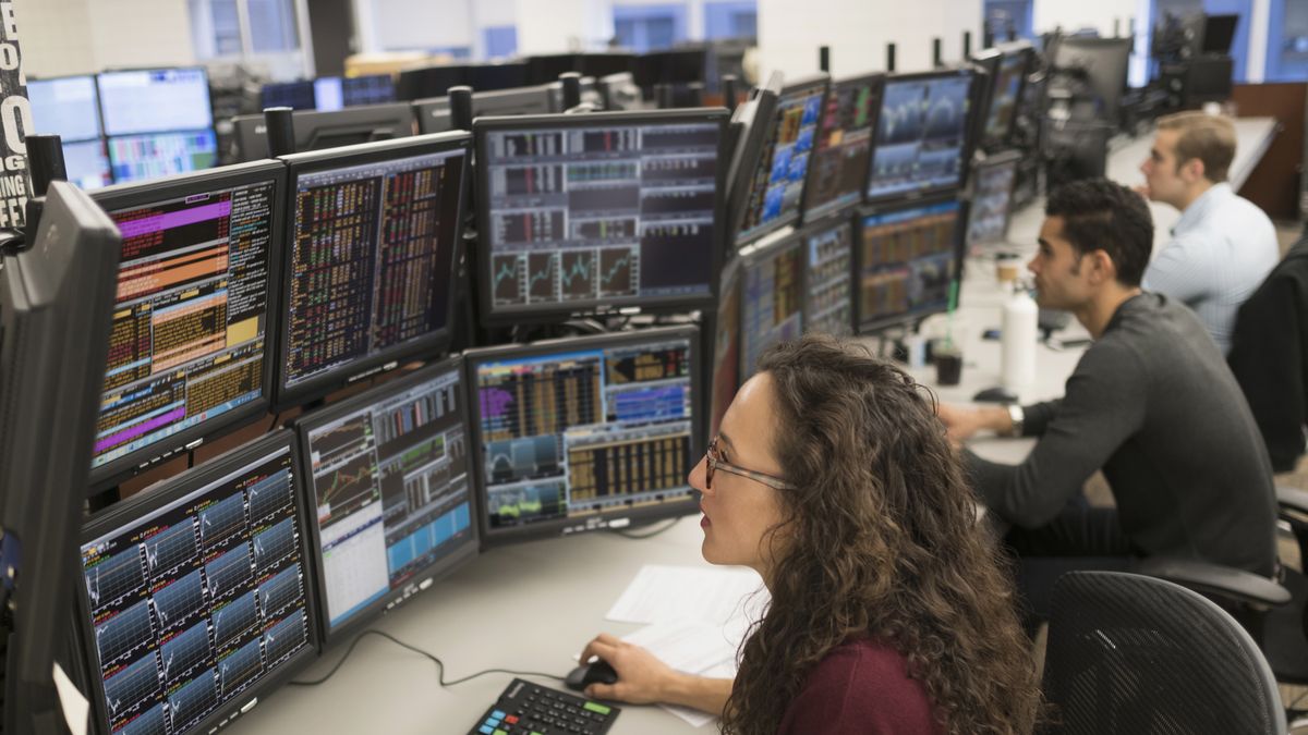 Young traders analyzing computer data
""
Tetra Images
Horizontal, Indoors, Focus On Foreground, Sitting, Working, Three People, 25-29 Years, Young Women, Young Men, Caucasian Ethnicity, Chinese Ethnicity, Pacific Islander, Mixed Race Person, Multi-Ethnic Group, Business, Desk, Office, Stock Exchange, Technology, Computer Monitor, Computer Keyboard, Concentration, Wall Street, Trading, Stock Market And Exchange, Finance And Economy, Analyzing, Focus, Screen, Trader, In A Row, New York City, New York, Usa