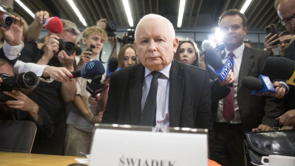 Jaroslaw Kaczynski is being seen during a meeting of the investigative committee on envelope elections in Warsaw, Poland, on May 24, 2024. (Photo by Maciej Luczniewski/NurPhoto via Getty Images)