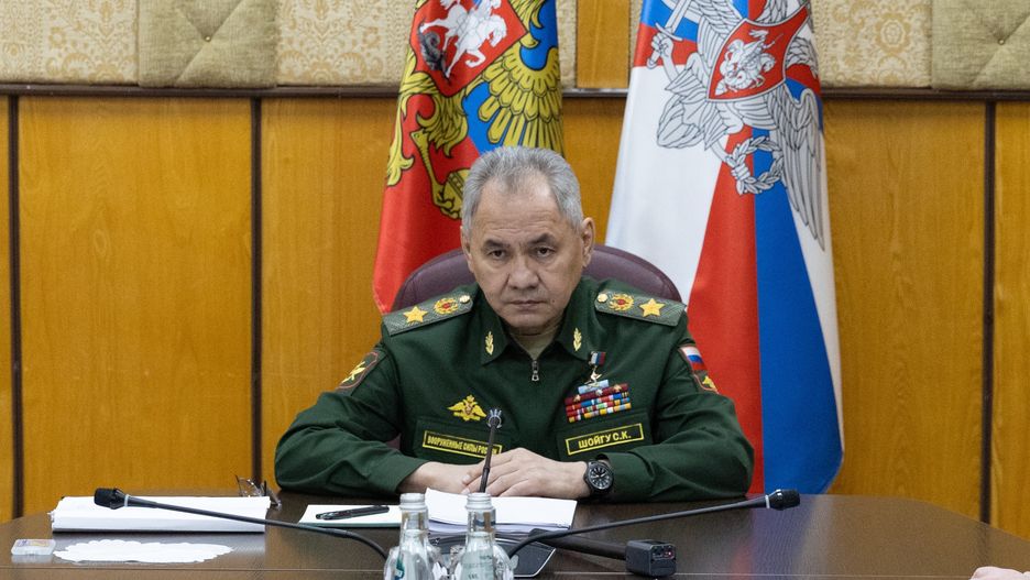 ALTAI REGION, RUSSIA - MARCH 30: (----EDITORIAL USE ONLY - MANDATORY CREDIT - RUSSIAN DEFENSE MINISTRY / HANDOUT' - NO MARKETING NO ADVERTISING CAMPAIGNS - DISTRIBUTED AS A SERVICE TO CLIENTS----) Russian Defence Minister Sergei Shoigu held a working meeting with the participation of the leadership of the Russian Defence Ministry, representatives of the relevant military authorities, and heads of enterprises following the inspection fulfilment of state defence order at defence industry enterprises in Altai region, Russia, on March 30, 2024. (Photo by Russian Defense Ministry / Handout/Anadolu via Getty Images)