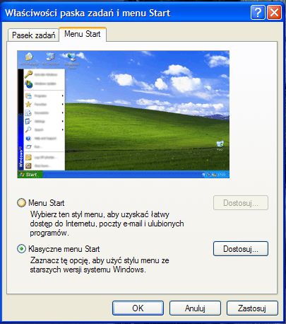 Windows XP umożliwiał wybór pomiędzy starym a nowym menu start.