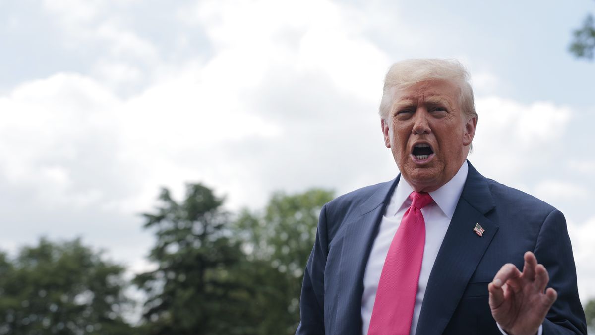 WASHINGTON, DC - JULY 15: U.S. President Donald Trump speaks to the media as he departs the White House on July 15, 2025 in Washington, DC. Trump is traveling to Pittsburgh, Pennsylvania, to speak at an artificial intelligence and energy summit.  (Photo by Anna Moneymaker/Getty Images)