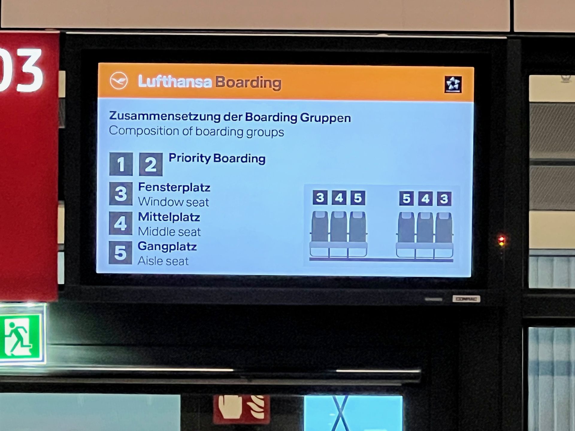 Informacja o kolejności wchodzenia na pokład wyświetlana jest na monitorach nad bramkami wejściowymi do samolotu