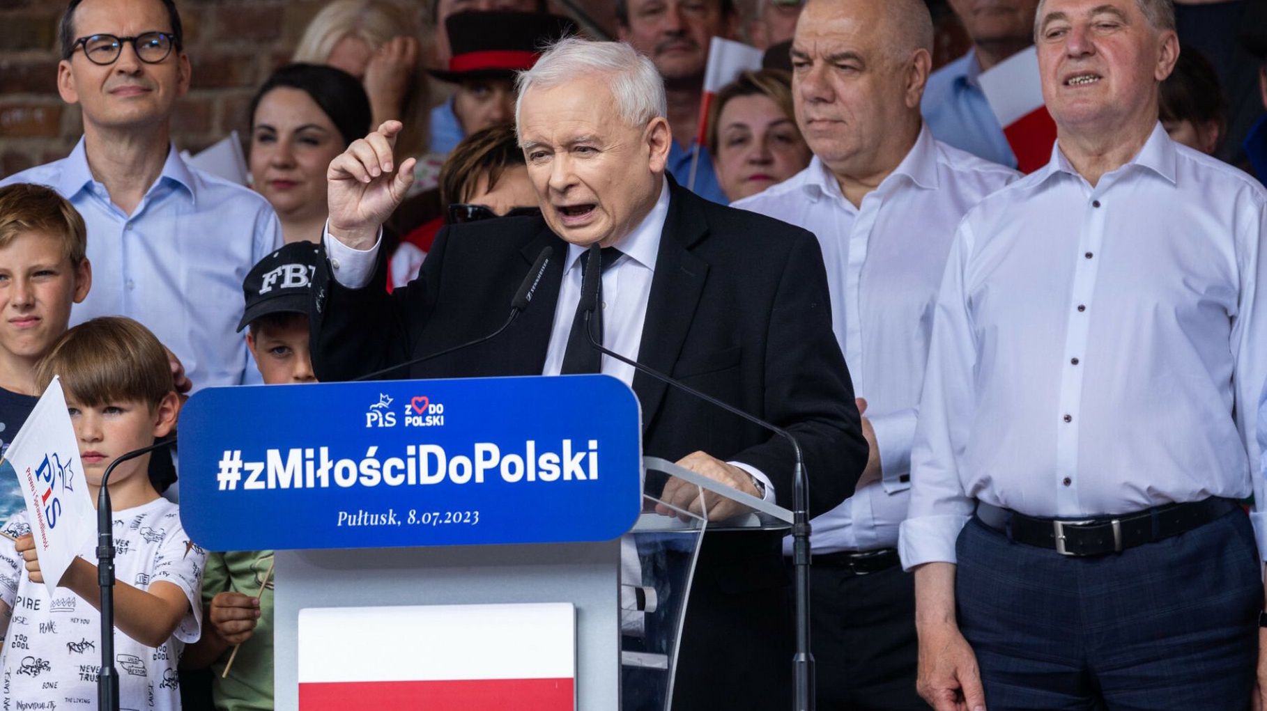 Jarosław Kaczyński przemawia na wiecu w Pułtusku