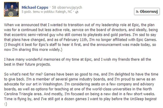 Mike Capps ostatecznie rozstał się z Epic Games